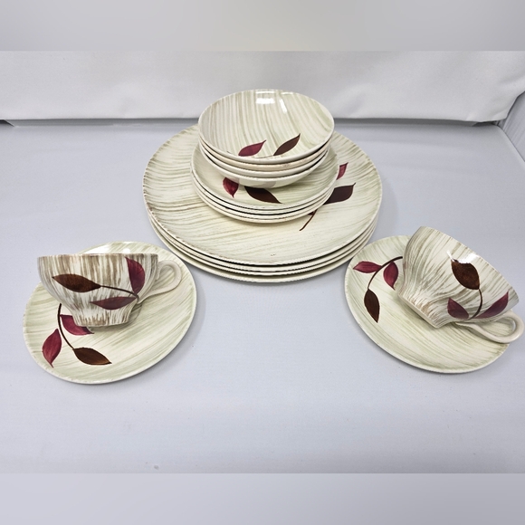 Vintage Stetson Pottery Set PLUS 2 Cups and Saucers Hand Painted Leaf Design - Picture 2 of 14